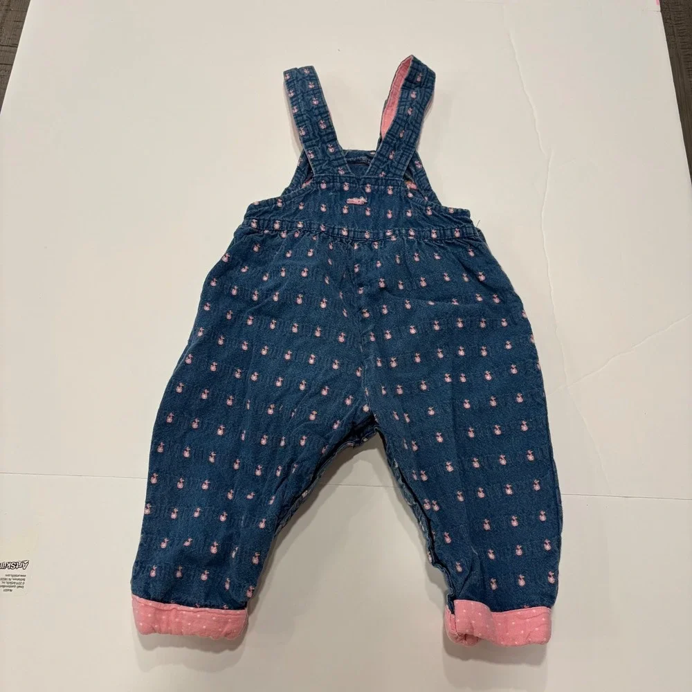 OshKosh B'Gosh 6-9M Pink Duck Print Denim Overalls Quilted Bib Baby VTG